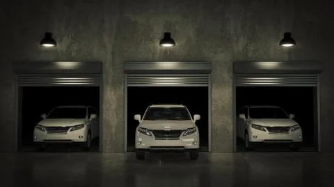 Garage with Opened Roller Door. 3D Rendering Stock Illustration