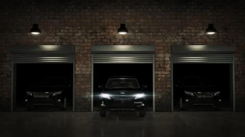 Garage with Opened Roller Door. 3D Rendering Stock Illustration