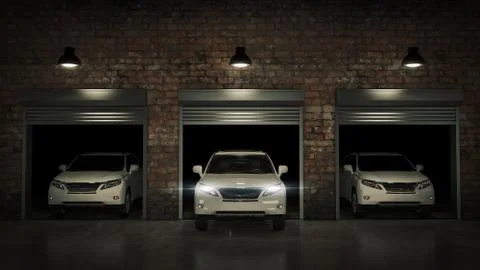 Garage with Opened Roller Door. 3D Rendering Stock Illustration