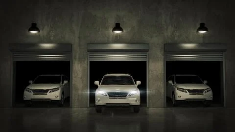 Garage with Opened Roller Door. 3D Rendering Stock Illustration