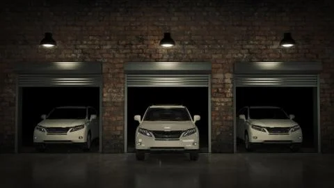 Garage with Opened Roller Door. 3D Rendering Stock Illustration