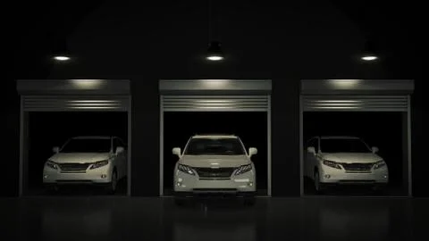 Garage with Opened Roller Door. 3D Rendering Stock Illustration