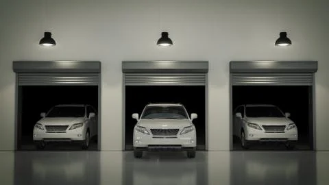 Garage with Opened Roller Door. 3D Rendering Stock Illustration