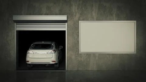 Garage with Opened Roller Door. 3D Rendering Stock Illustration