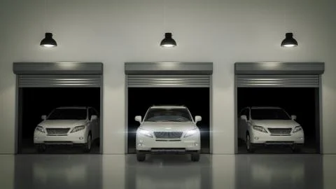 Garage with Opened Roller Door. 3D Rendering Stock Illustration