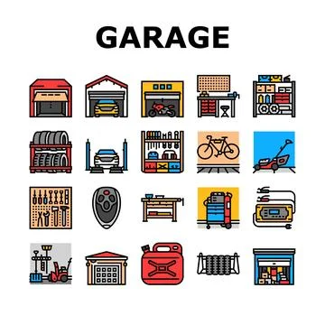 Garage storage tools icons set vector 스톡 일러스트