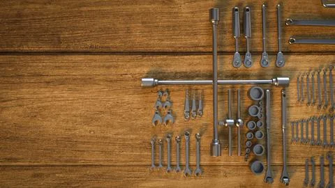 The garage tool on wood table for workshop or fix content 3d rendering. Stock Illustration