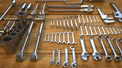 The garage tool on wood table for workshop or fix content 3d rendering. Stock Illustration