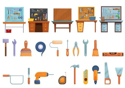 Garage tools board icons set cartoon vector. Interior workshop Stock Illustration