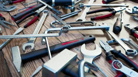 Garage tools random scattered on the workbench. Loopable animation. Workshop. 4K Stock Footage 133456456