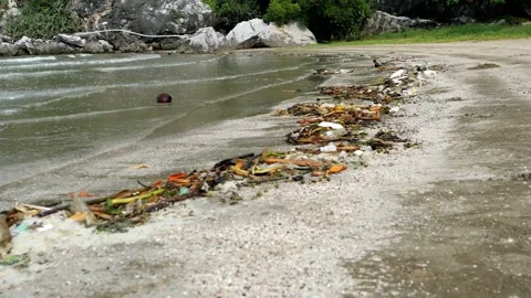Garbage and plastic containers were blown up on the beach by sea wave Stock Footage 132681169