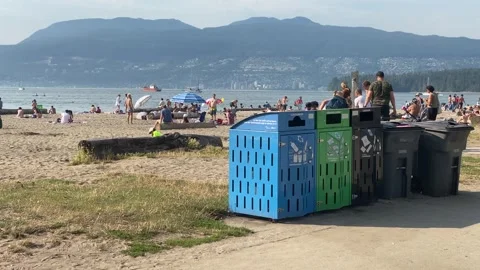 Garbage and Recycle Bins at Beach in Vancouver Canada Stock Footage 280806558