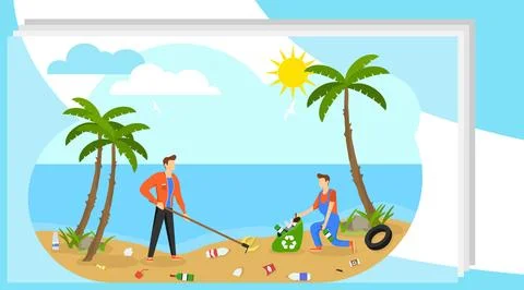 Garbage and trash, danger for ecology. A group of people collects trash Illustration