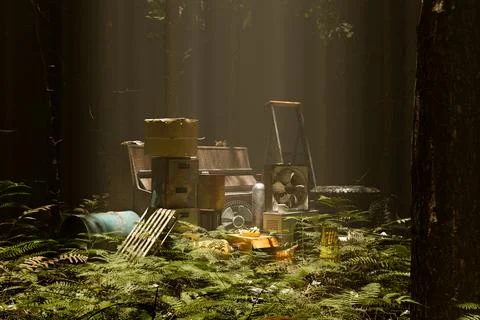 Garbage and trash in the forest - 3D Illustration Stock Illustration
