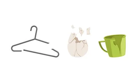 Garbage and Waste with Broken Mug and Clothes Hanger Vector Set Stock Illustration