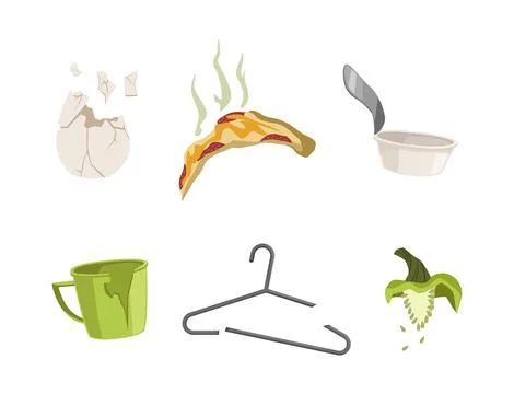 Garbage and Waste with Cracked Eggshell, Pizza, Tin, Cup and Clothes Hanger Stock Illustration