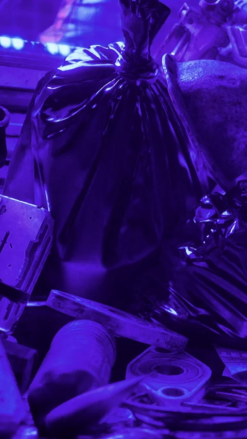 Garbage bag among various items in a dark setting with purple light Stock Footage 331445546