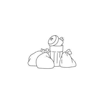 Garbage in bag and bin. Vector contour black white line doodle illustration Stock Illustration
