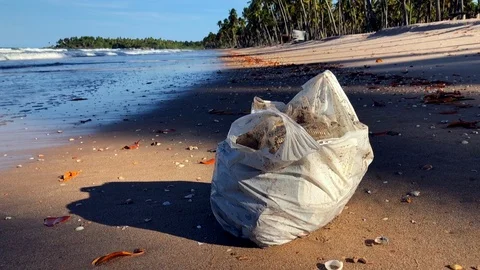 Garbage bags. Blue plastic garbage bags full of trash on the beach