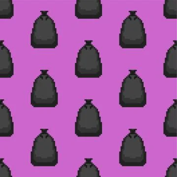 Garbage bag pixel art pattern seamless. rubbish black sack 8 bit background.  Illustrazione stock