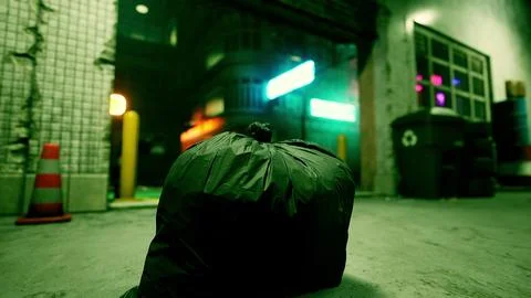 A garbage bag sitting on the ground in front of a building Ilustración de archivo