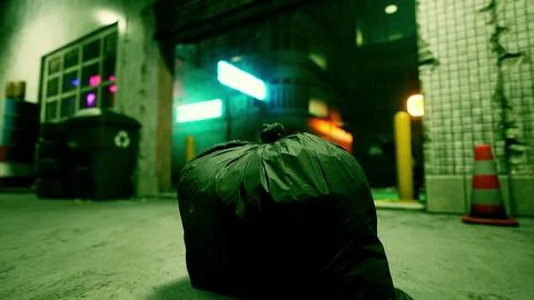 A garbage bag sitting on the ground in front of a building Stock-Illustration