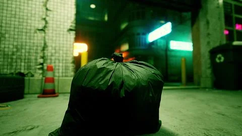 A garbage bag sitting on the ground in front of a building Stock-Illustration