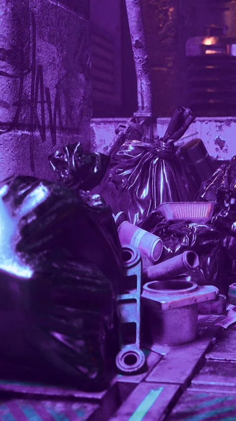 Garbage bags and waste materials in alley during night time Stock Footage 331761226
