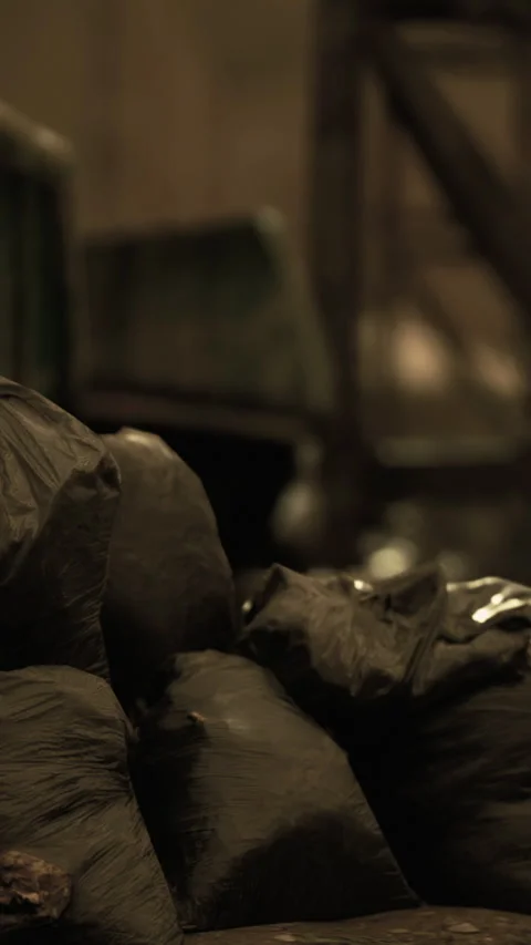 Garbage bags piled in a dimly lit abandoned warehouse setting Stock Footage 327378631