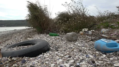 Garbage on the beach. Environmental issue, pollution of the surrounding nature Stock Footage 97212612