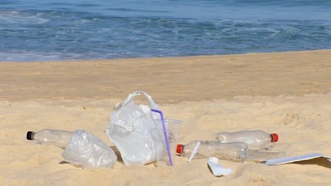 Garbage at the beach hurting the beautiful environment Stock-Footage 108884705