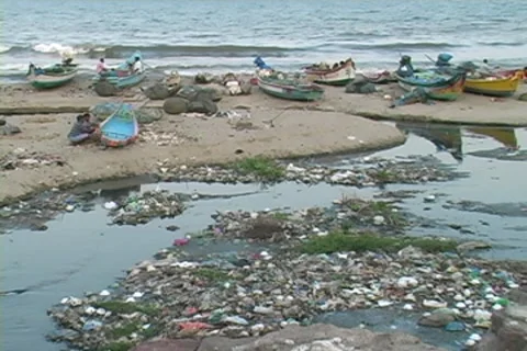 Garbage on beach in Pondicherry India Stock Footage 8682922