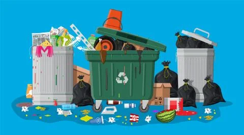 Garbage bin full of trash. Overflowing container Stock Illustration