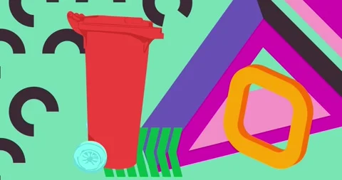 Garbage Bin with geometric elements on light green Stock Footage 339754238