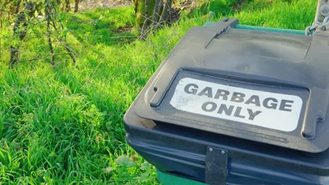 Garbage bin in green field with forest background 库存影片 334689612