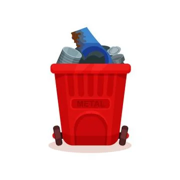 Garbage bin for metal waste. Red plastic container with two wheels. Flat vector Illustrazione stock