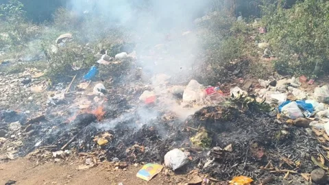 Garbage burning causing air pollution rural area Stock Footage 324586550
