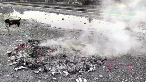 "Garbage burning in a landfill, producing smoke and flames. Stock Footage 297050712
