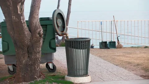 Garbage can on the elevation above the sea Stock Footage 197270398