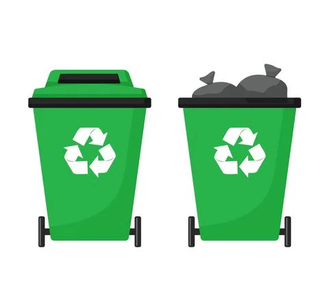 Garbage can with trash bag isolated on white. Ecology and recycle concept Stock Illustration