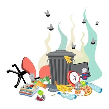 Garbage can with unsorted waste and broken furniture on a white background. Stock Illustration