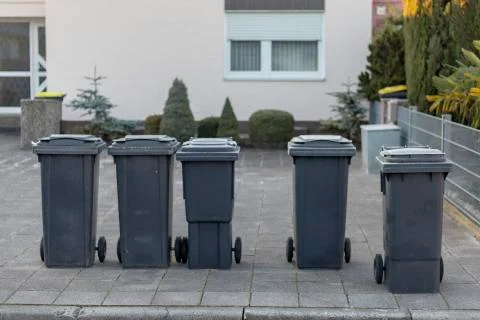 Garbage can on the way waiting for garbage truck Foto stock