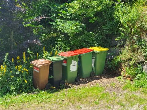Garbage cans of different colors in the meadow Stock Photos