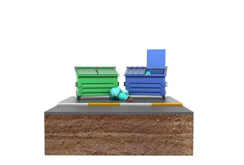 Garbage cans on a piece of land 3d render on white no shadow Stock Illustration