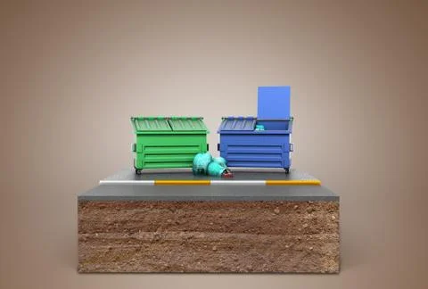 Garbage cans on a piece of land 3d render on brown Illustrazione stock