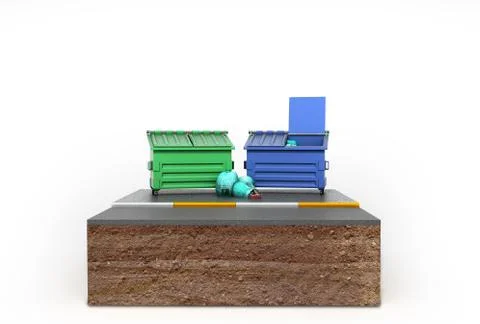 Garbage cans on a piece of land 3d render on white Stock Illustration