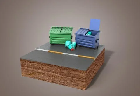 Garbage cans on a piece of land 3d render on grey Stock Illustration