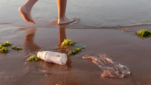 Garbage on city beach Stock Footage 129651308