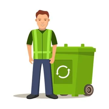 Garbage cleaner man or janitor.Cleaning litter.Garbage cans. Stock Illustration