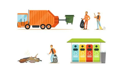 Garbage Collection and Remove Set, Orange Garbage Truck and Workers Street Stock Illustration